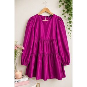 Zara Pink Purple Taffeta Look Mini Dress Tiered Puff Sleeve Coquette L Babydoll